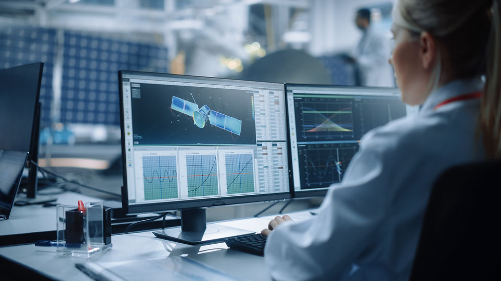Person working on a computer looking at 3D model of saitellite